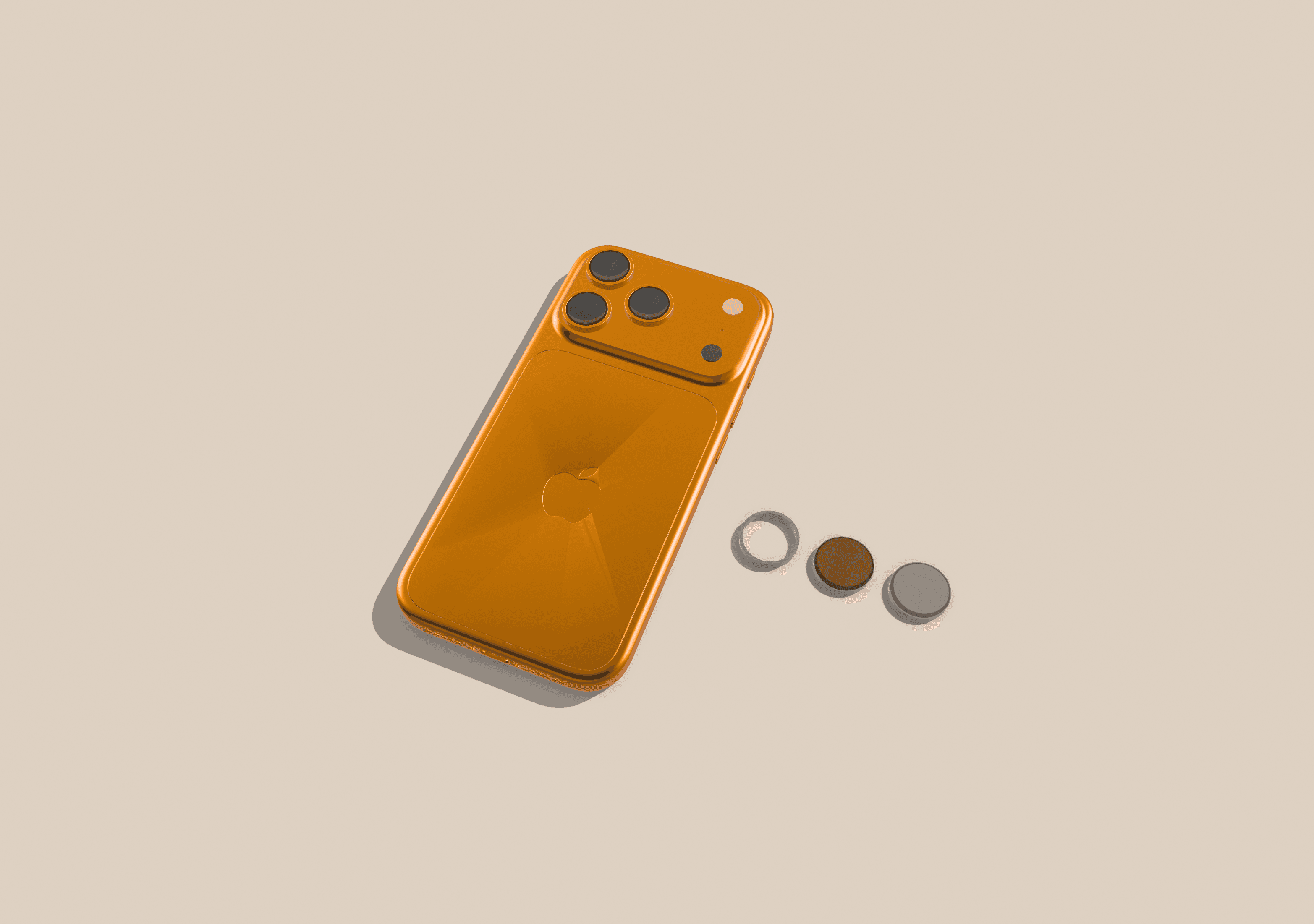 An iPhone lying face down with the MiLens press-fit ring and two filters laid out next to it.