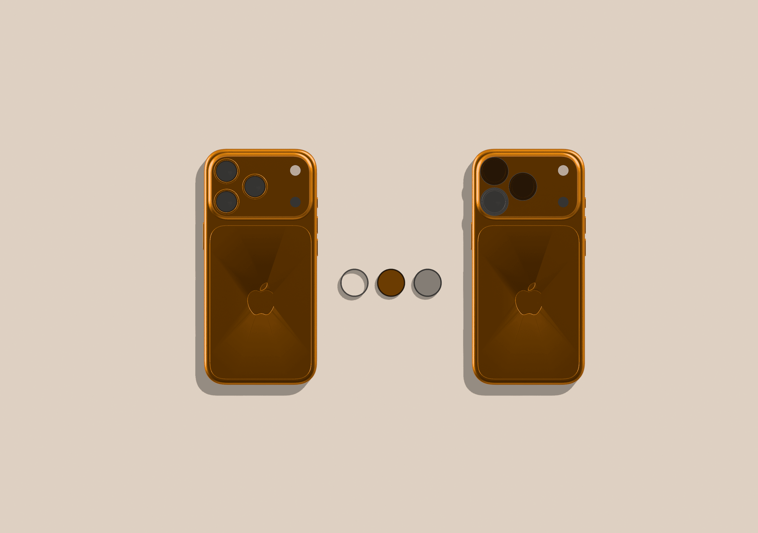 Two iPhones seen from behind with the three MiLens pieces arranged between them.